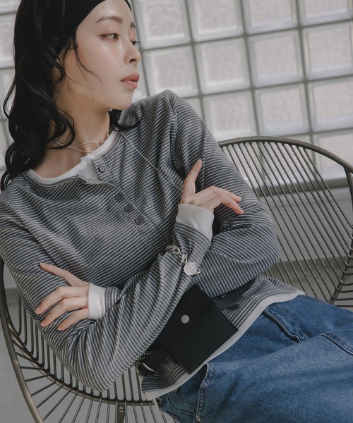 210nouve(トゥージュヌーブ)の「フェイクレイヤード ボーダー ヘンリーネック ロンT(Tシャツ/カットソー・レディース・ホワイト/ブラック/グレー・FREE)」の17枚目の写真