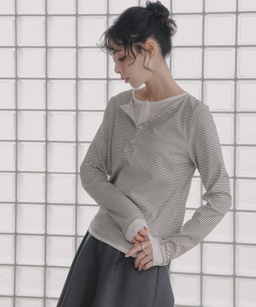 210nouve(トゥージュヌーブ)の「フェイクレイヤード ボーダー ヘンリーネック ロンT(Tシャツ/カットソー・レディース・ホワイト/ブラック/グレー・FREE)」の19枚目の写真
