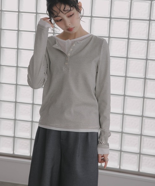 210nouve(トゥージュヌーブ)の「フェイクレイヤード ボーダー ヘンリーネック ロンT(Tシャツ/カットソー・レディース・ホワイト/ブラック/グレー・FREE)」の20枚目の写真