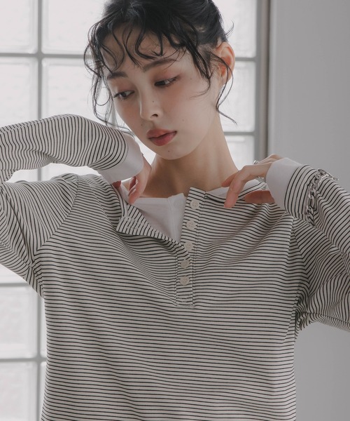 210nouve(トゥージュヌーブ)の「フェイクレイヤード ボーダー ヘンリーネック ロンT(Tシャツ/カットソー・レディース・ホワイト/ブラック/グレー・FREE)」の21枚目の写真