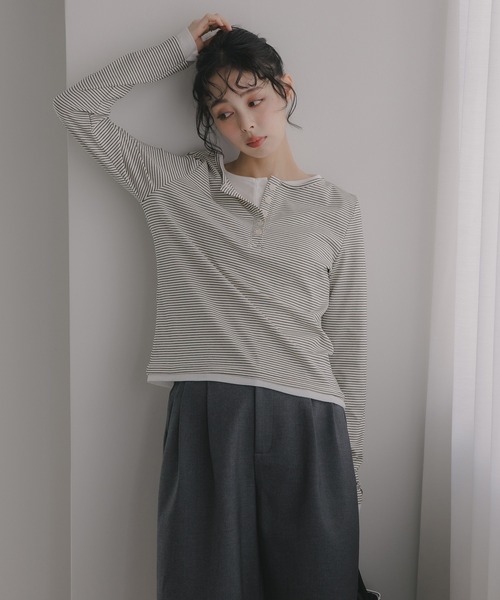 210nouve(トゥージュヌーブ)の「フェイクレイヤード ボーダー ヘンリーネック ロンT(Tシャツ/カットソー・レディース・ホワイト/ブラック/グレー・FREE)」の4枚目の写真