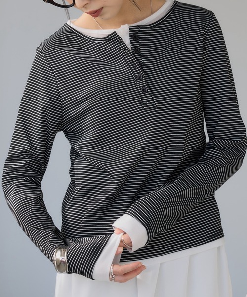 210nouve(トゥージュヌーブ)の「フェイクレイヤード ボーダー ヘンリーネック ロンT(Tシャツ/カットソー・レディース・ホワイト/ブラック/グレー・FREE)」の22枚目の写真