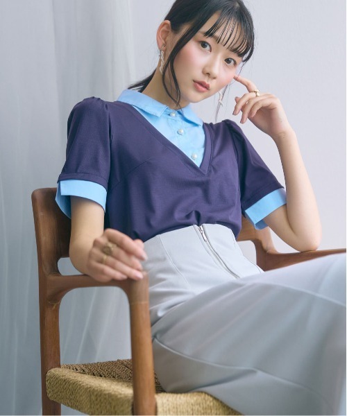 marun(マルン)の「<大きいサイズ>シャツドッキングカットソー marun(Tシャツ/カットソー・レディース・モカ/ネイビー・5L/4L/3L/LL/L)」の1枚目の写真