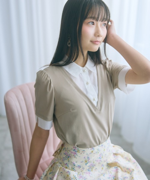 marun(マルン)の「<大きいサイズ>シャツドッキングカットソー marun(Tシャツ/カットソー・レディース・モカ/ネイビー・5L/4L/3L/LL/L)」の2枚目の写真