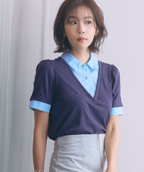 marun(マルン)の「<大きいサイズ>シャツドッキングカットソー marun(Tシャツ/カットソー・レディース・モカ/ネイビー・5L/4L/3L/LL/L)」の9枚目の写真
