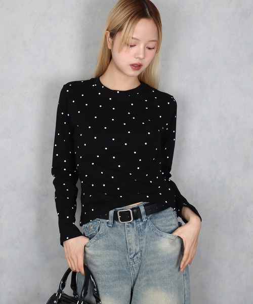 BARELY BLUE(ベアリーブルー)の「【 BARELY BLUE / ベアリーブルー 】 ミニ ドット ロング Tシャツ(Tシャツ/カットソー・レディース・グレー/ブラック/ホワイト・FREE)」の14枚目の写真