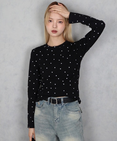 BARELY BLUE(ベアリーブルー)の「【 BARELY BLUE / ベアリーブルー 】 ミニ ドット ロング Tシャツ(Tシャツ/カットソー・レディース・グレー/ブラック/ホワイト・FREE)」の4枚目の写真