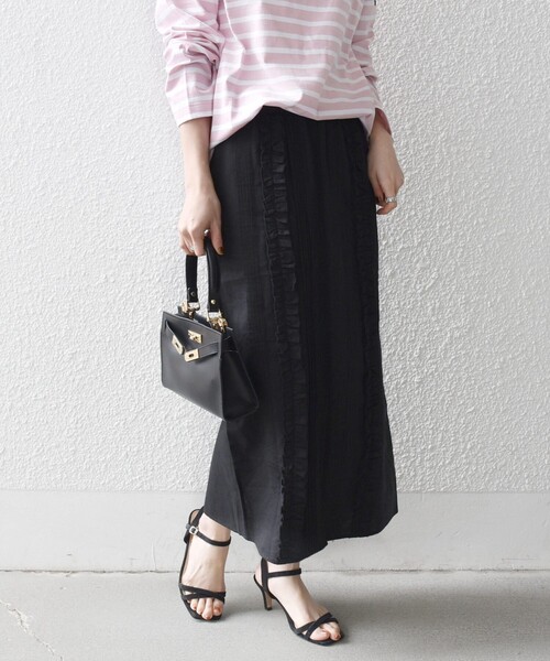 SHIPS any（シップス エニィ）の「SHIPS any:〈手洗い可能〉リネンミックス Iライン フリル イージー スカート（スカート・レディース・ブラウン/オフホワイト/ブラック・ONE SIZE）」の8枚目の写真