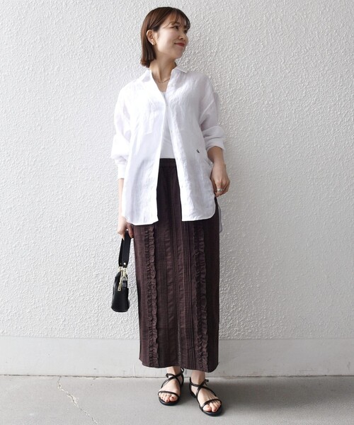 SHIPS any（シップス エニィ）の「SHIPS any:〈手洗い可能〉リネンミックス Iライン フリル イージー スカート（スカート・レディース・ブラウン/オフホワイト/ブラック・ONE SIZE）」の11枚目の写真