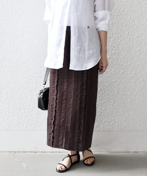 SHIPS any（シップス エニィ）の「SHIPS any:〈手洗い可能〉リネンミックス Iライン フリル イージー スカート（スカート・レディース・ブラウン/オフホワイト/ブラック・ONE SIZE）」の14枚目の写真