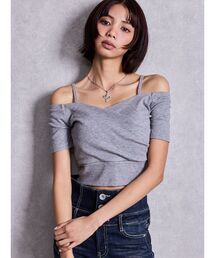 GYDA | ラメテレコハーフスリーブカシュクールオフショルショートトップス(Tシャツ/カットソー)