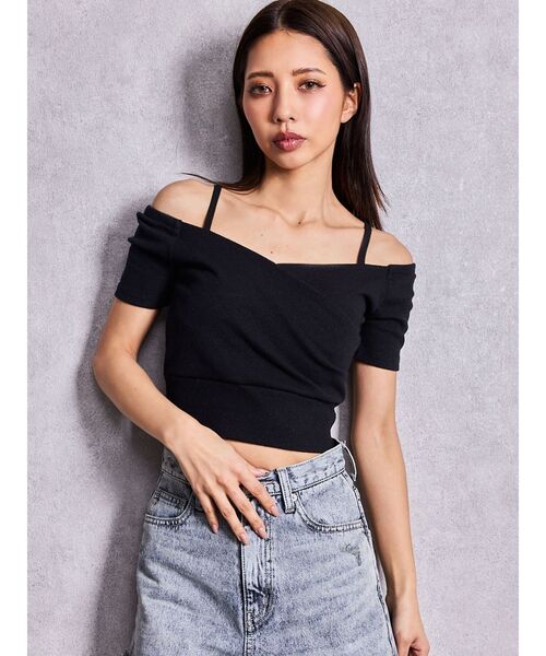 GYDA(ジェイダ)の「ラメテレコハーフスリーブカシュクールオフショルショートトップス(Tシャツ/カットソー・レディース・オフホワイト/グレー/ブラック・FREE)」の1枚目の写真