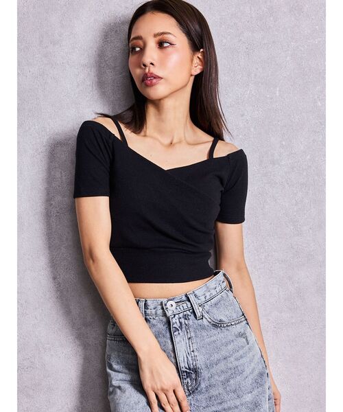 GYDA(ジェイダ)の「ラメテレコハーフスリーブカシュクールオフショルショートトップス(Tシャツ/カットソー・レディース・オフホワイト/グレー/ブラック・FREE)」の19枚目の写真