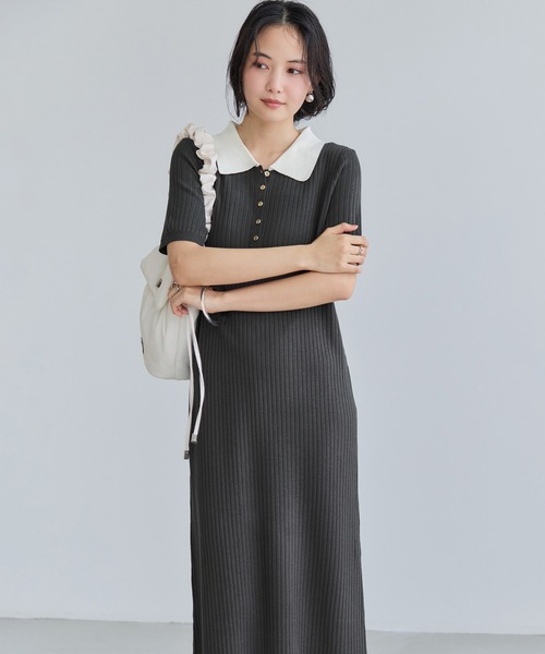 VIS（ビス）の「ポロ襟ニットワンピース（ワンピース・レディース・チャコールグレー/ネイビー/ブラウン・FREE）」の2枚目の写真