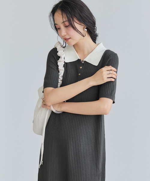 VIS（ビス）の「ポロ襟ニットワンピース（ワンピース・レディース・チャコールグレー/ネイビー/ブラウン・FREE）」の5枚目の写真