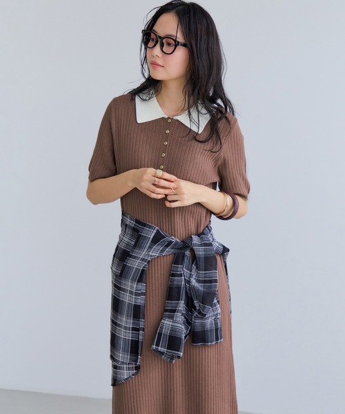 VIS（ビス）の「ポロ襟ニットワンピース（ワンピース・レディース・チャコールグレー/ネイビー/ブラウン・FREE）」の12枚目の写真