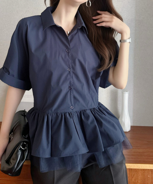 Eclat one(エクラワン)の「【Eclat one】 異素材 ペプラム シャツ ブラウス ◎(シャツ/ブラウス・レディース・チャコールグレー/ネイビー/ホワイト・FREE)」の1枚目の写真