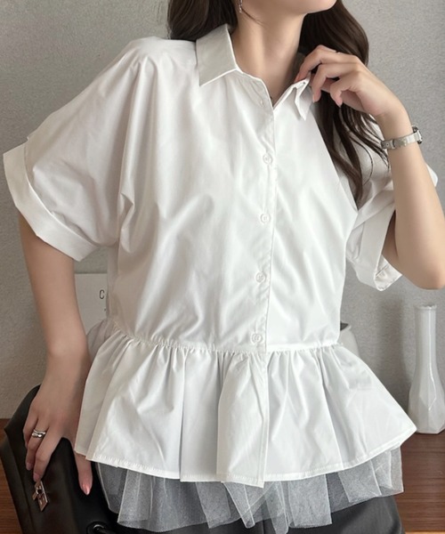 Eclat one(エクラワン)の「【Eclat one】 異素材 ペプラム シャツ ブラウス ◎(シャツ/ブラウス・レディース・チャコールグレー/ネイビー/ホワイト・FREE)」の2枚目の写真