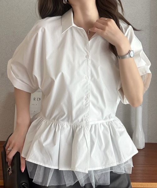 Eclat one(エクラワン)の「【Eclat one】 異素材 ペプラム シャツ ブラウス ◎(シャツ/ブラウス・レディース・チャコールグレー/ネイビー/ホワイト・FREE)」の21枚目の写真