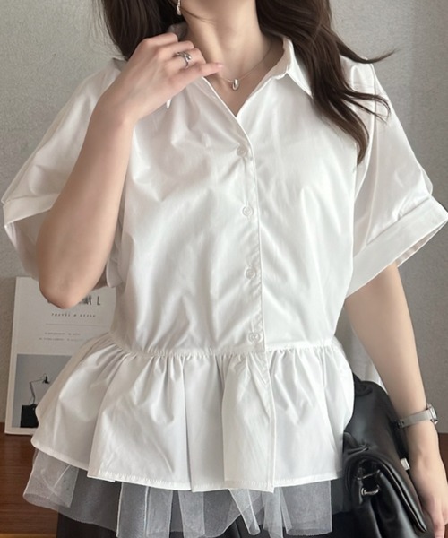 Eclat one(エクラワン)の「【Eclat one】 異素材 ペプラム シャツ ブラウス ◎(シャツ/ブラウス・レディース・チャコールグレー/ネイビー/ホワイト・FREE)」の4枚目の写真