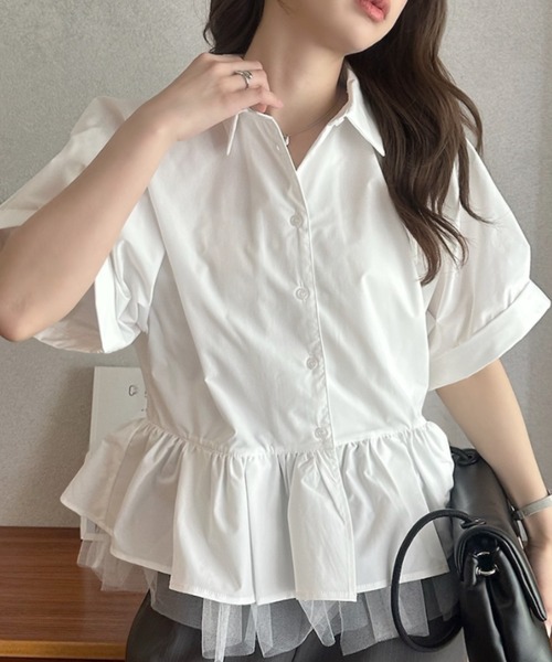 Eclat one(エクラワン)の「【Eclat one】 異素材 ペプラム シャツ ブラウス ◎(シャツ/ブラウス・レディース・チャコールグレー/ネイビー/ホワイト・FREE)」の5枚目の写真