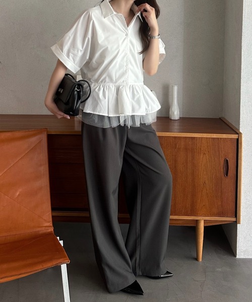 Eclat one(エクラワン)の「【Eclat one】 異素材 ペプラム シャツ ブラウス ◎(シャツ/ブラウス・レディース・チャコールグレー/ネイビー/ホワイト・FREE)」の6枚目の写真