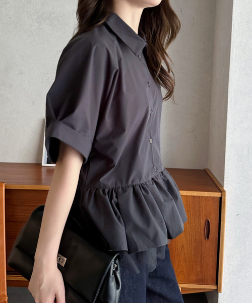 Eclat one(エクラワン)の「【Eclat one】 異素材 ペプラム シャツ ブラウス ◎(シャツ/ブラウス・レディース・チャコールグレー/ネイビー/ホワイト・FREE)」の14枚目の写真