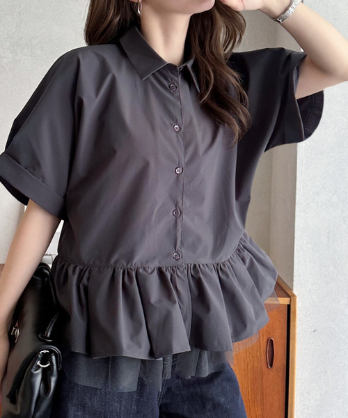 Eclat one(エクラワン)の「【Eclat one】 異素材 ペプラム シャツ ブラウス ◎(シャツ/ブラウス・レディース・チャコールグレー/ネイビー/ホワイト・FREE)」の13枚目の写真
