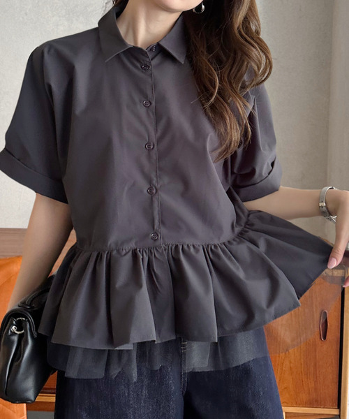 Eclat one(エクラワン)の「【Eclat one】 異素材 ペプラム シャツ ブラウス ◎(シャツ/ブラウス・レディース・チャコールグレー/ネイビー/ホワイト・FREE)」の18枚目の写真