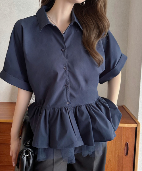 Eclat one(エクラワン)の「【Eclat one】 異素材 ペプラム シャツ ブラウス ◎(シャツ/ブラウス・レディース・チャコールグレー/ネイビー/ホワイト・FREE)」の7枚目の写真