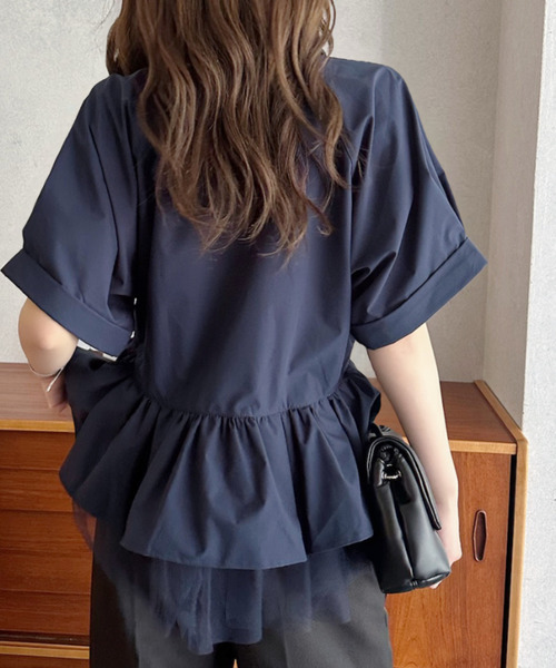 Eclat one(エクラワン)の「【Eclat one】 異素材 ペプラム シャツ ブラウス ◎(シャツ/ブラウス・レディース・チャコールグレー/ネイビー/ホワイト・FREE)」の8枚目の写真