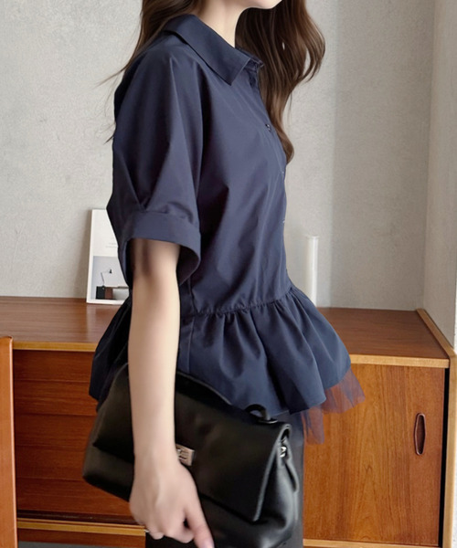 Eclat one(エクラワン)の「【Eclat one】 異素材 ペプラム シャツ ブラウス ◎(シャツ/ブラウス・レディース・チャコールグレー/ネイビー/ホワイト・FREE)」の9枚目の写真