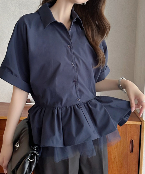 Eclat one(エクラワン)の「【Eclat one】 異素材 ペプラム シャツ ブラウス ◎(シャツ/ブラウス・レディース・チャコールグレー/ネイビー/ホワイト・FREE)」の11枚目の写真
