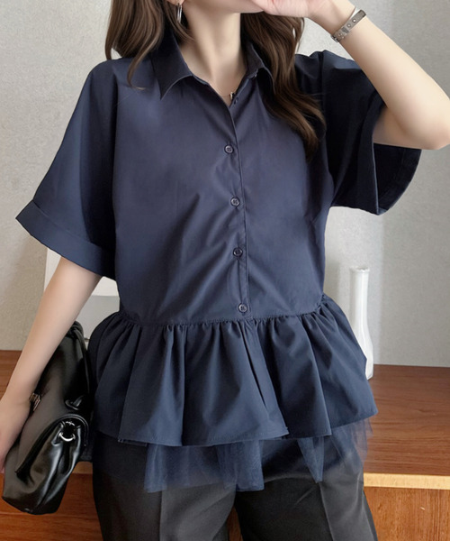 Eclat one(エクラワン)の「【Eclat one】 異素材 ペプラム シャツ ブラウス ◎(シャツ/ブラウス・レディース・チャコールグレー/ネイビー/ホワイト・FREE)」の12枚目の写真