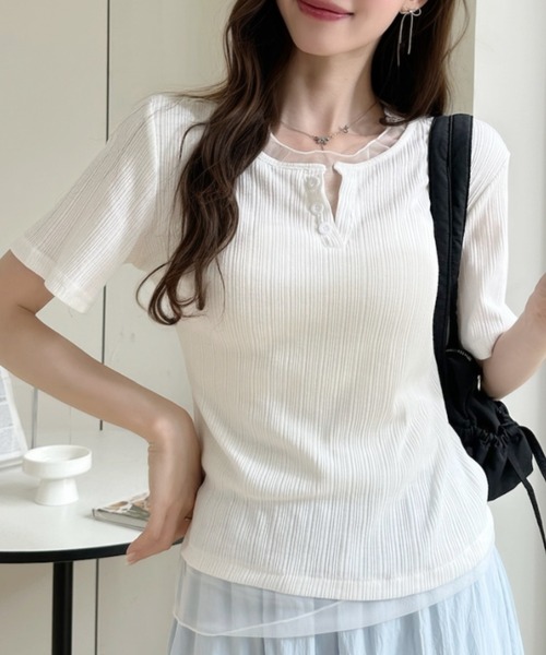 Ada.(エイダ)の「重ね着風 シアートリム ヘンリー リブ トップス(Tシャツ/カットソー・レディース・ホワイト/ブルー/ブラック・FREE)」の2枚目の写真