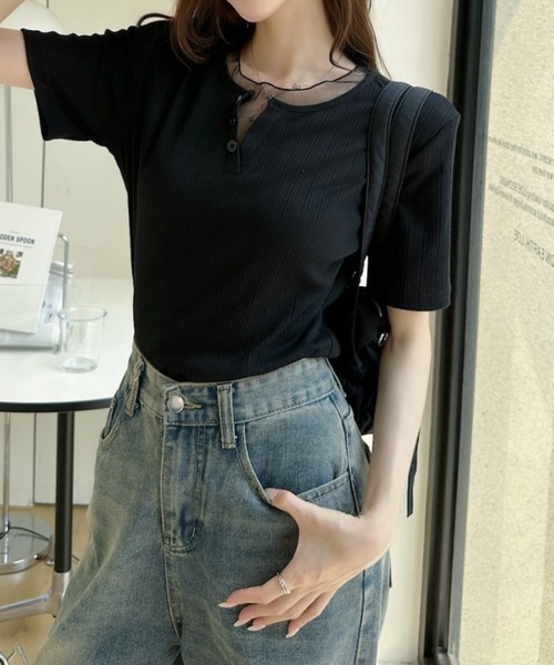 Ada.(エイダ)の「重ね着風 シアートリム ヘンリー リブ トップス(Tシャツ/カットソー・レディース・ホワイト/ブルー/ブラック・FREE)」の3枚目の写真