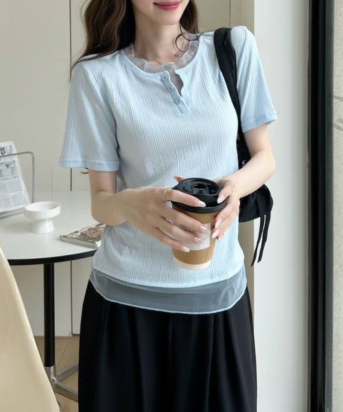 Ada.(エイダ)の「重ね着風 シアートリム ヘンリー リブ トップス(Tシャツ/カットソー・レディース・ホワイト/ブルー/ブラック・FREE)」の15枚目の写真