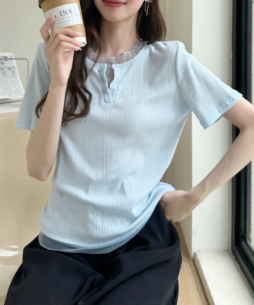 Ada.(エイダ)の「重ね着風 シアートリム ヘンリー リブ トップス(Tシャツ/カットソー・レディース・ホワイト/ブルー/ブラック・FREE)」の19枚目の写真