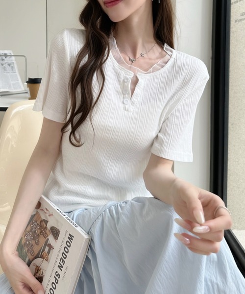 Ada.(エイダ)の「重ね着風 シアートリム ヘンリー リブ トップス(Tシャツ/カットソー・レディース・ホワイト/ブルー/ブラック・FREE)」の6枚目の写真
