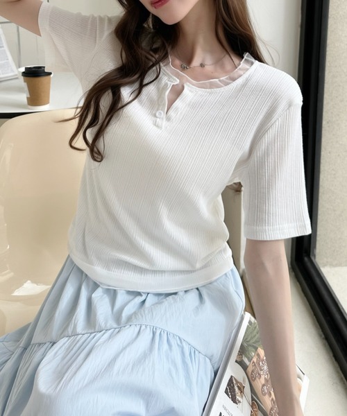 Ada.(エイダ)の「重ね着風 シアートリム ヘンリー リブ トップス(Tシャツ/カットソー・レディース・ホワイト/ブルー/ブラック・FREE)」の7枚目の写真