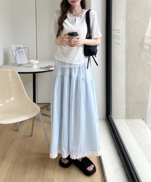 Ada.(エイダ)の「重ね着風 シアートリム ヘンリー リブ トップス(Tシャツ/カットソー・レディース・ホワイト/ブルー/ブラック・FREE)」の9枚目の写真