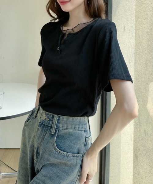 Ada.(エイダ)の「重ね着風 シアートリム ヘンリー リブ トップス(Tシャツ/カットソー・レディース・ホワイト/ブルー/ブラック・FREE)」の10枚目の写真