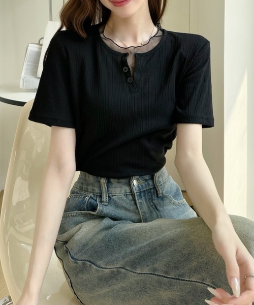 Ada.(エイダ)の「重ね着風 シアートリム ヘンリー リブ トップス(Tシャツ/カットソー・レディース・ホワイト/ブルー/ブラック・FREE)」の11枚目の写真