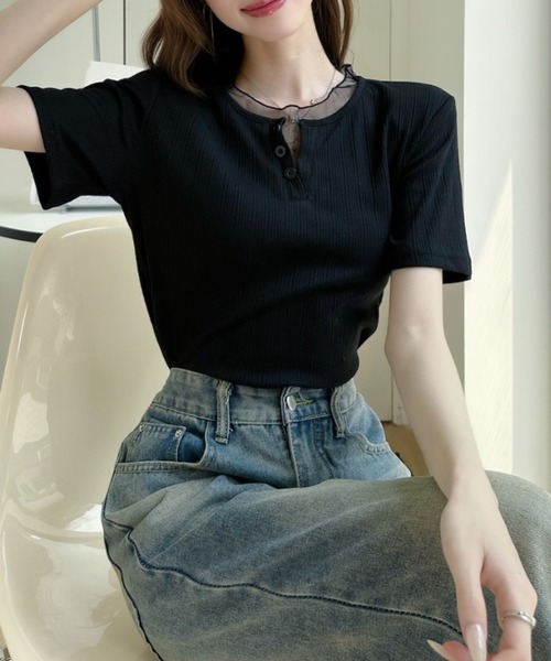 Ada.(エイダ)の「重ね着風 シアートリム ヘンリー リブ トップス(Tシャツ/カットソー・レディース・ホワイト/ブルー/ブラック・FREE)」の12枚目の写真