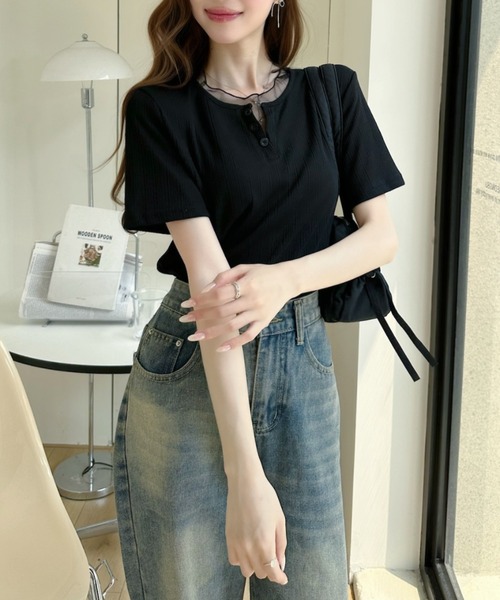 Ada.(エイダ)の「重ね着風 シアートリム ヘンリー リブ トップス(Tシャツ/カットソー・レディース・ホワイト/ブルー/ブラック・FREE)」の14枚目の写真