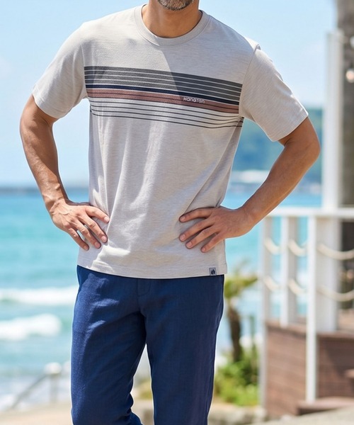 HANGTEN(ハンテン)の「【HANGTEN/ハンテン】スラブ天竺パネルプリントTシャツ/ボーダー柄 サーフ系 リラックス 夏(Tシャツ/カットソー・メンズ・ネイビー/アイボリー/モカ・X-LARGE/LARGE/MEDIUM)」の2枚目の写真