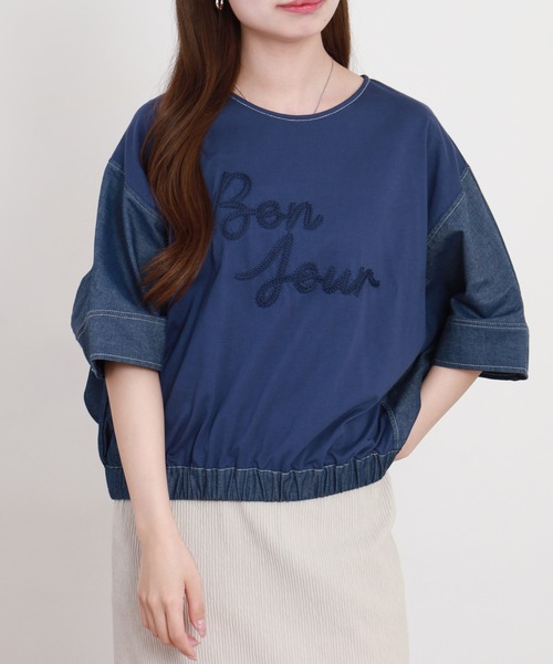 A.N.L(エーエヌエル レーベル)の「A.N.L デニム切替ロゴ半袖カットソー(Tシャツ/カットソー・レディース・ブラック/インディゴブルー・38)」の1枚目の写真