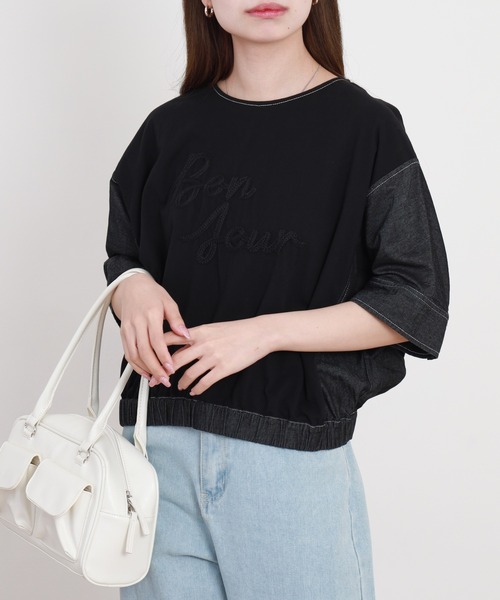 A.N.L(エーエヌエル レーベル)の「A.N.L デニム切替ロゴ半袖カットソー(Tシャツ/カットソー・レディース・ブラック/インディゴブルー・38)」の2枚目の写真