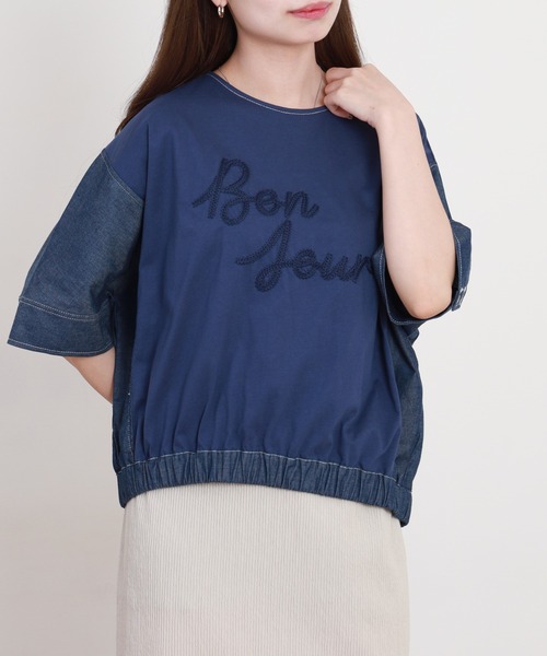 A.N.L(エーエヌエル レーベル)の「A.N.L デニム切替ロゴ半袖カットソー(Tシャツ/カットソー・レディース・ブラック/インディゴブルー・38)」の8枚目の写真