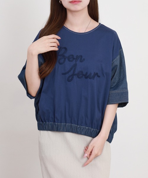 A.N.L(エーエヌエル レーベル)の「A.N.L デニム切替ロゴ半袖カットソー(Tシャツ/カットソー・レディース・ブラック/インディゴブルー・38)」の5枚目の写真
